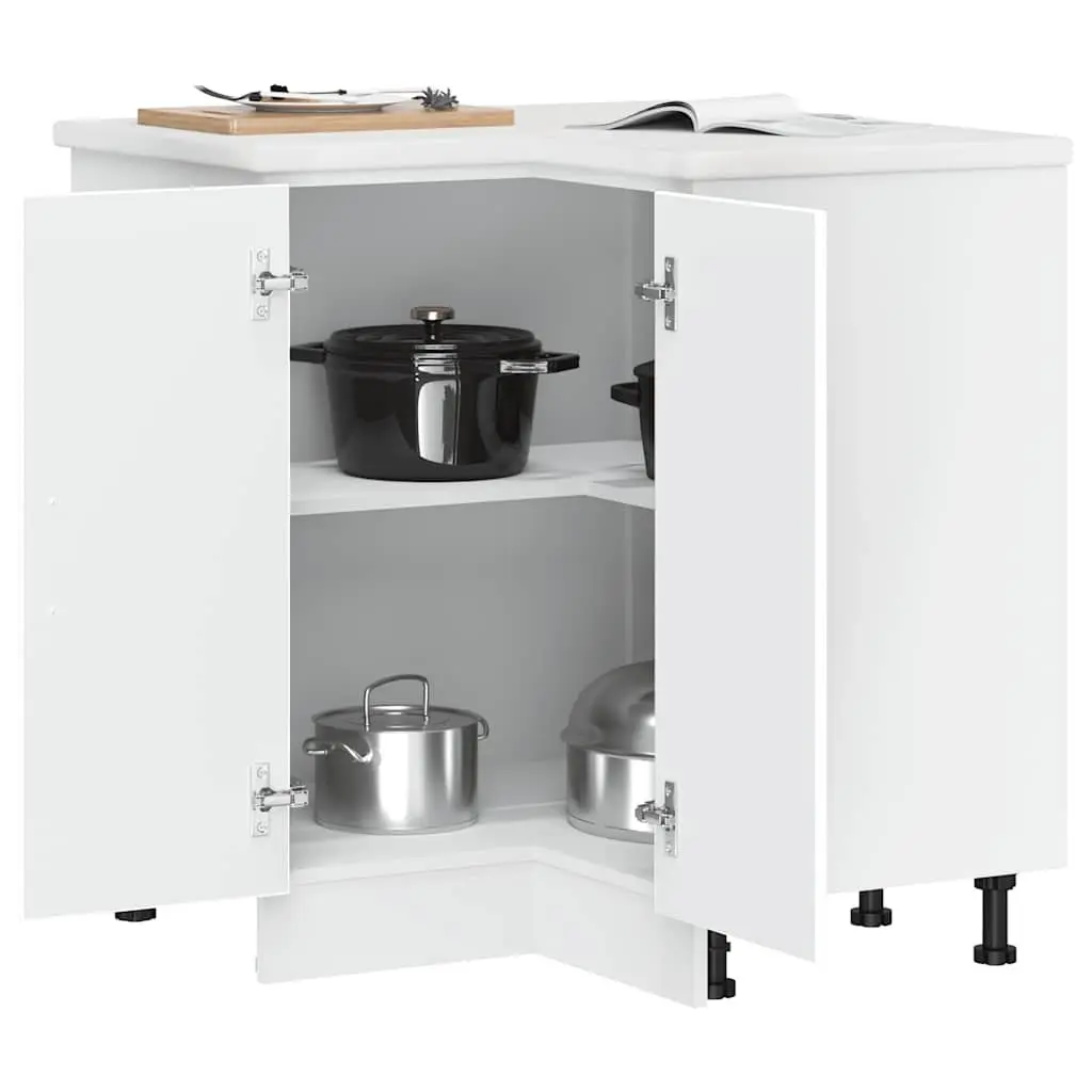 Kitchen Corner Base Cabinet White Engineered Wood Storage Cupboard Adjustable Feet Concealing Doors