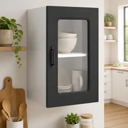 Concise Kitchen Wall Cabinet - Black with Glass Door