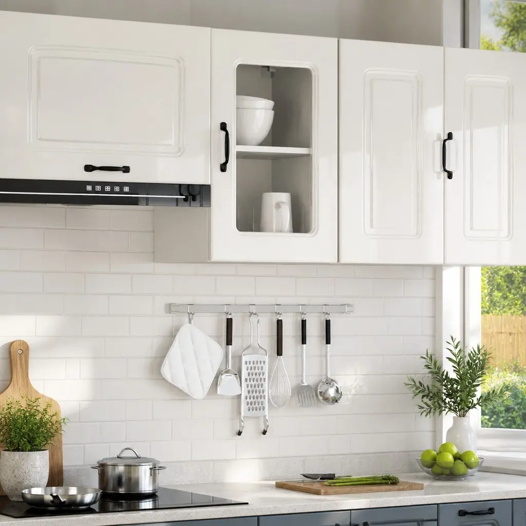Kitchen Cabinet White High Gloss Glass Door Wall Mounted Engineered Wood Storage