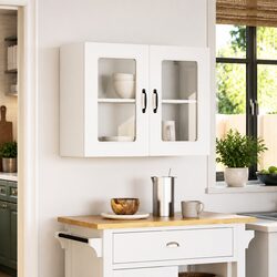 Kitchen Wall Cabinet Glass Door White Storage Engineered Wood Cupboard