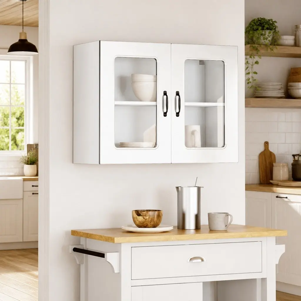 Kitchen Cabinet White High Gloss Glass Door Engineered Wood Storage Unit
