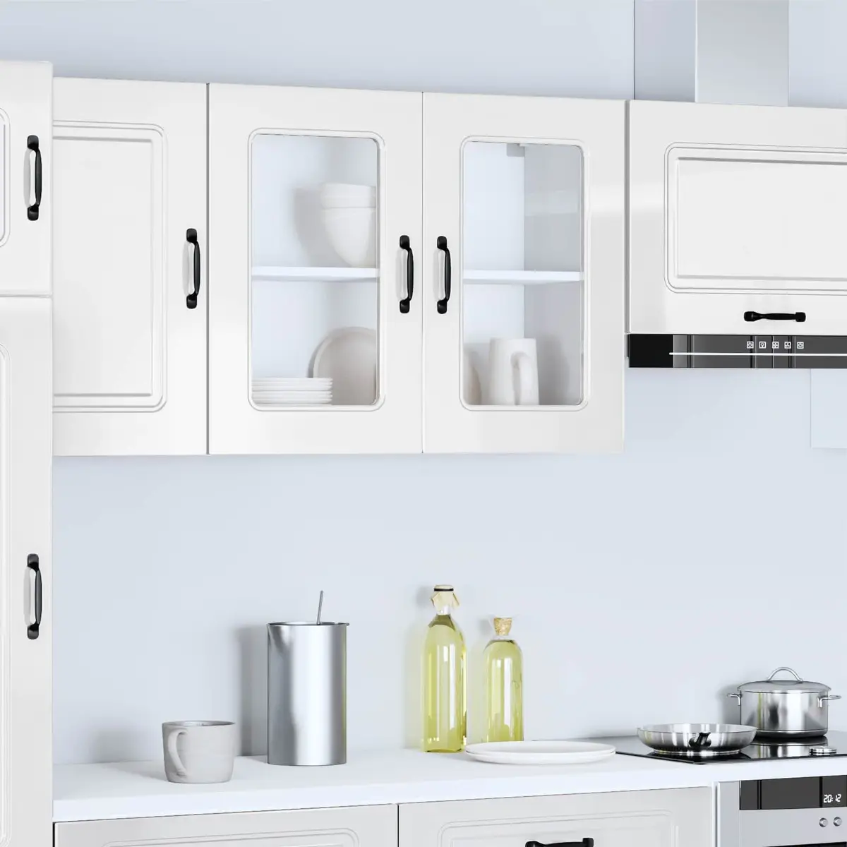Kitchen Cabinet White High Gloss Glass Door Engineered Wood Storage Unit