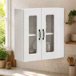 Kitchen Wall Cabinet Glass Door White Engineered Wood Wall-Mounted Storage Unit