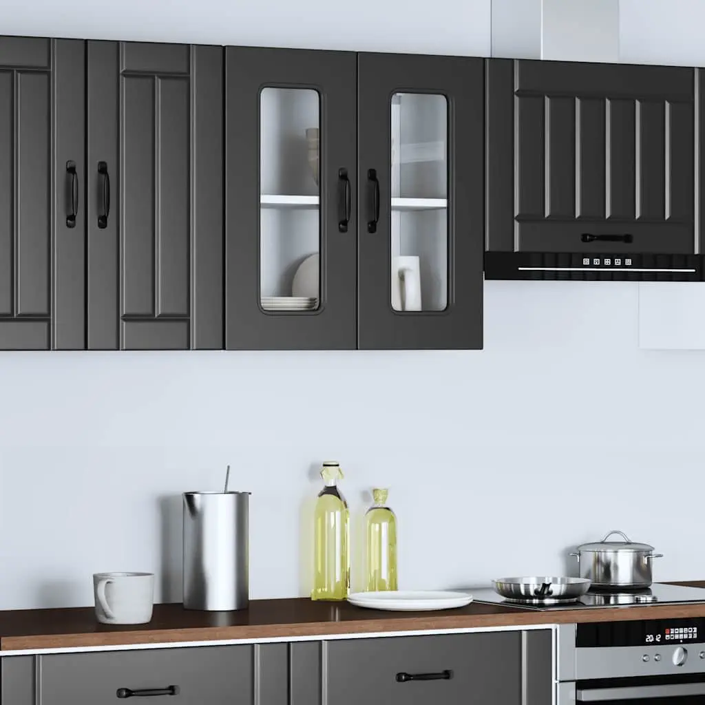 Kitchen Cabinet Black Engineered Wood Wall-Mounted Storage Unit with Glass Door