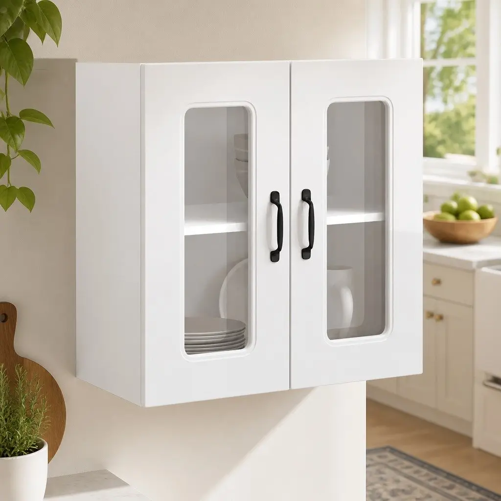 Kitchen Cabinet White Engineered Wood Wall-Mounted Glass Door Storage Unit