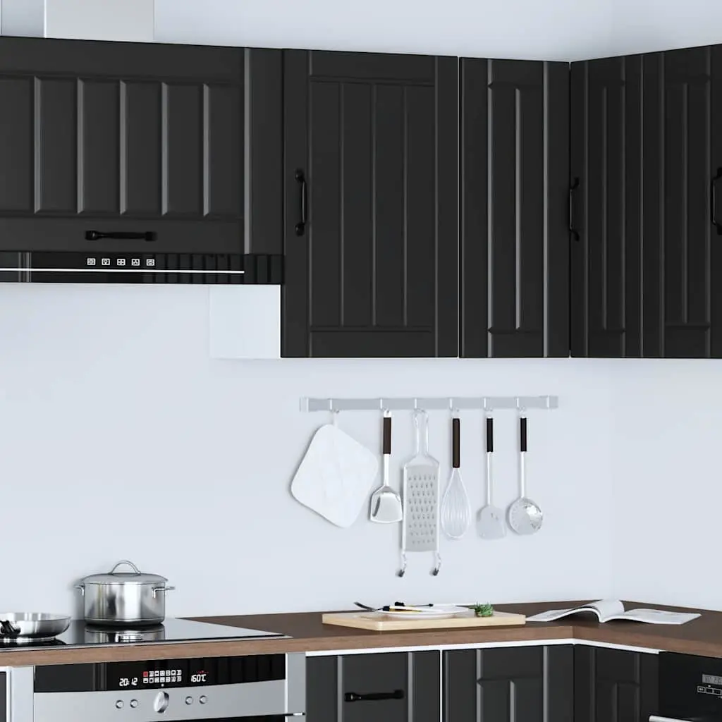 Kitchen Cabinet Black Engineered Wood Wall-Mounted Glass Door Storage Shelves
