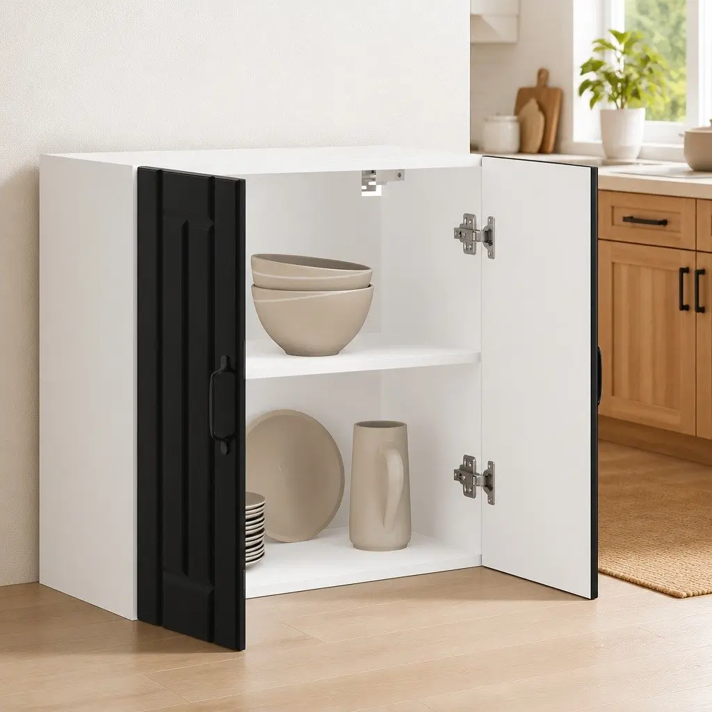Kitchen Cabinet Black Engineered Wood Wall-Mounted Glass Door Storage