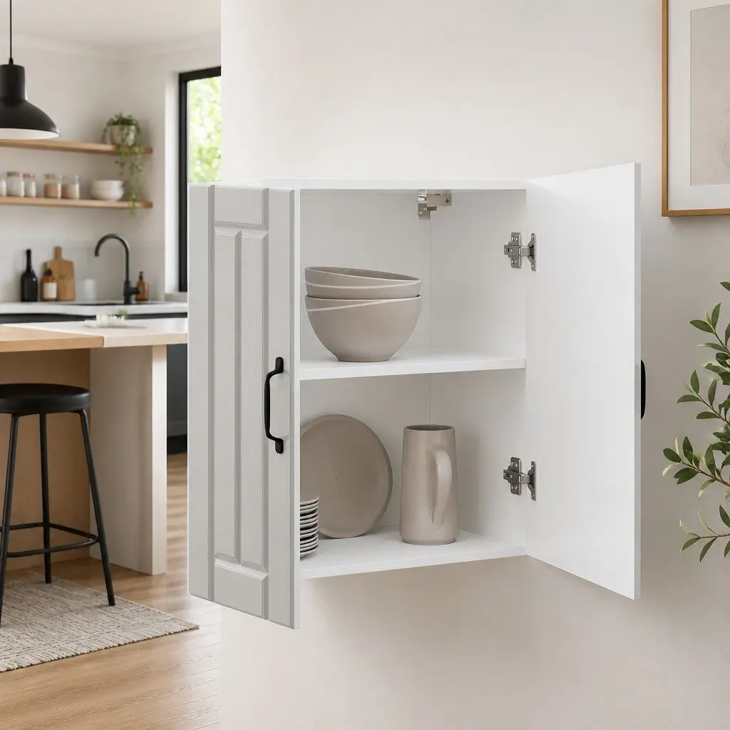 Kitchen Wall Cabinet White Engineered Wood Glass Door Wall-Mounted Storage