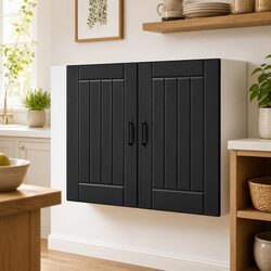 Kitchen Wall Cabinet Black Engineered Wood Glass Door Wall-Mounted Storage