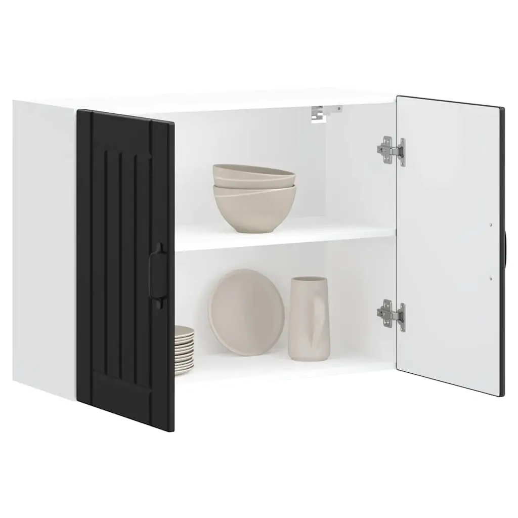 Black Wall-Mounted Kitchen Cabinet Engineered Wood with Glass Door Space-Saving Storage
