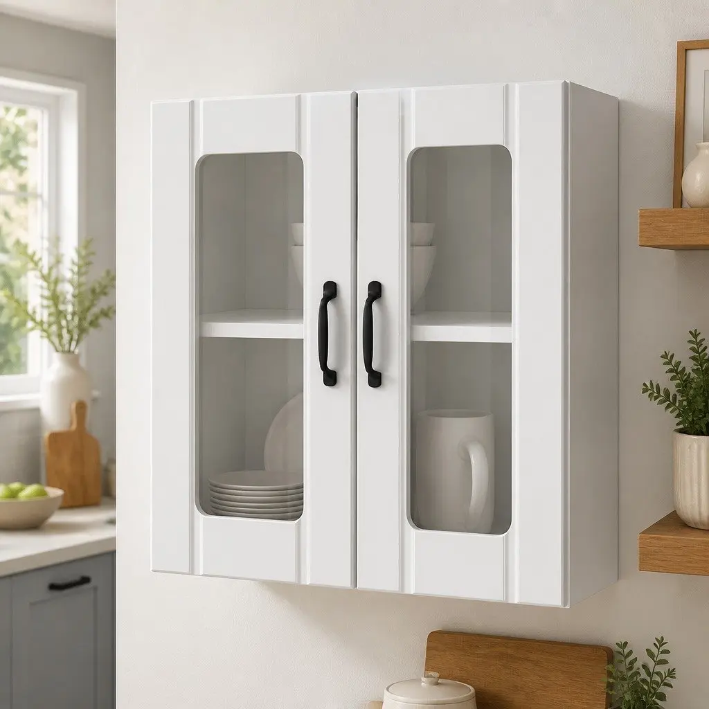 Kitchen Cabinet White Engineered Wood Wall-Mounted Glass Door Storage