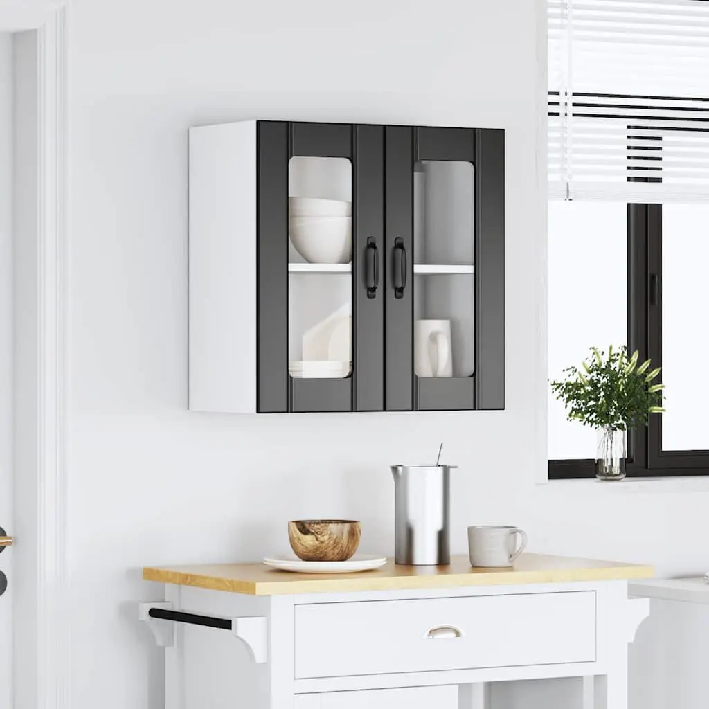 Kitchen Cabinet Black Engineered Wood Glass Door Wall-Mounted Storage Organiser