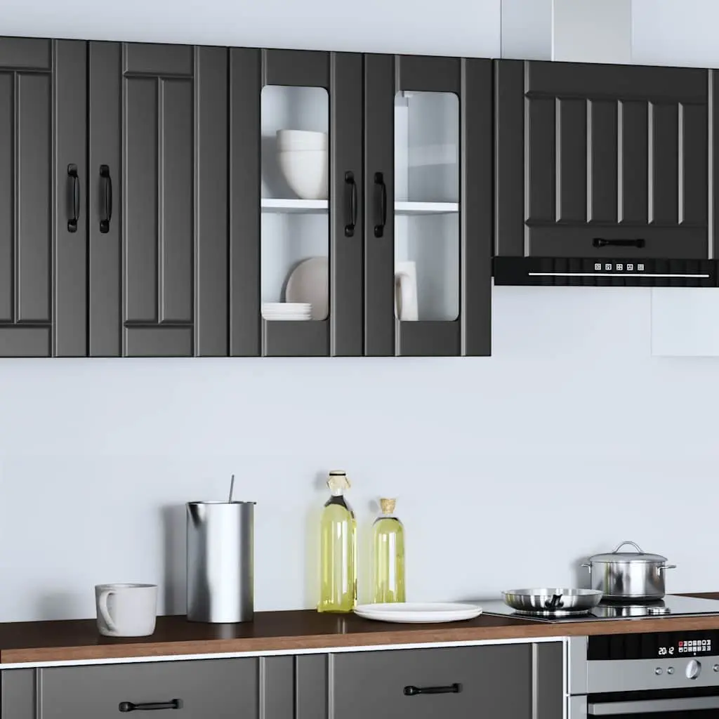 Kitchen Cabinet Black Engineered Wood Glass Door Wall-Mounted Storage Organiser
