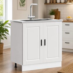 Sink Base Cabinet White Kitchen Storage Engineered Wood Adjustable Feet