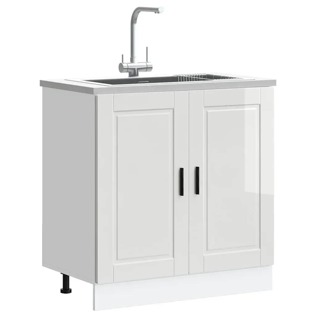 Sink Base Cabinet White High Gloss Engineered Wood 80x46x81.5cm Adjustable Feet Concealed Storage