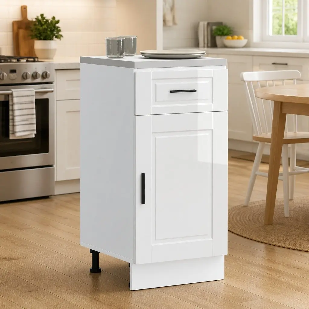 Kitchen Base Cabinet White High Gloss Engineered Wood Storage Cupboard Adjustable Feet
