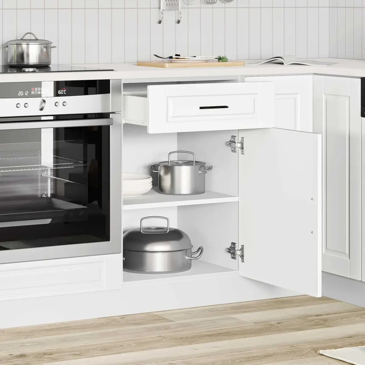 White Kitchen Storage Cupboard Base Cabinet Engineered Wood with Doors Adjustable Feet