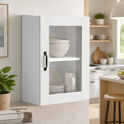 Compact White Wall Cabinet with Glass Door for Kitchen