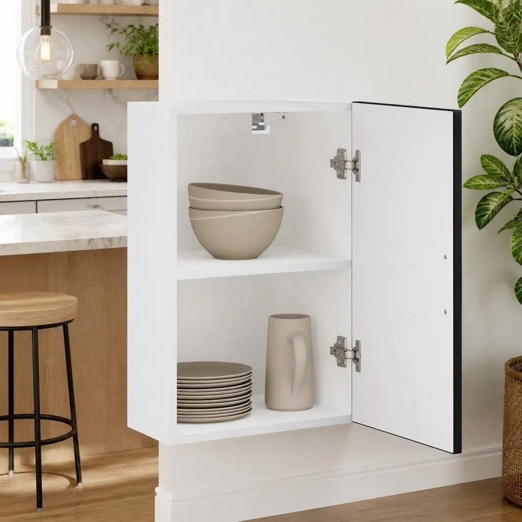 Wall Mounted Storage Cabinet Black Engineered Wood Kitchen Organiser with Door