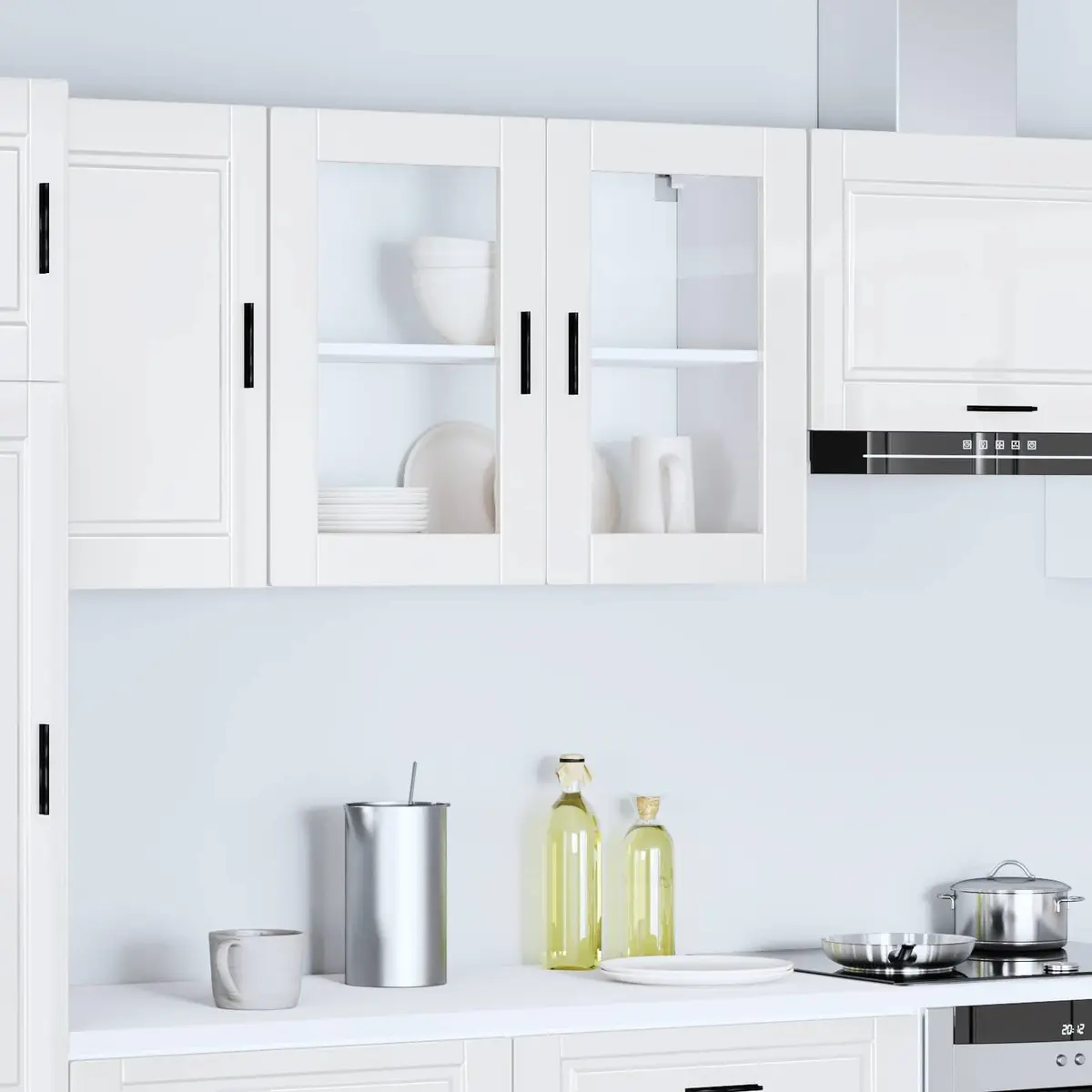 Kitchen Cabinet White High Gloss Wall-Mounted Glass Door Storage Cupboard