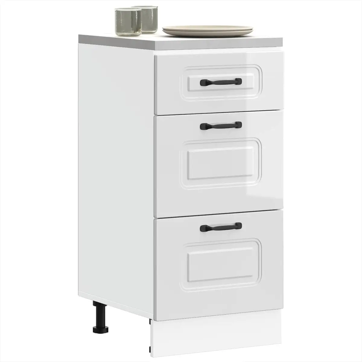 Kitchen Base Cabinet High Gloss White Engineered Wood Adjustable Feet Concealed Storage
