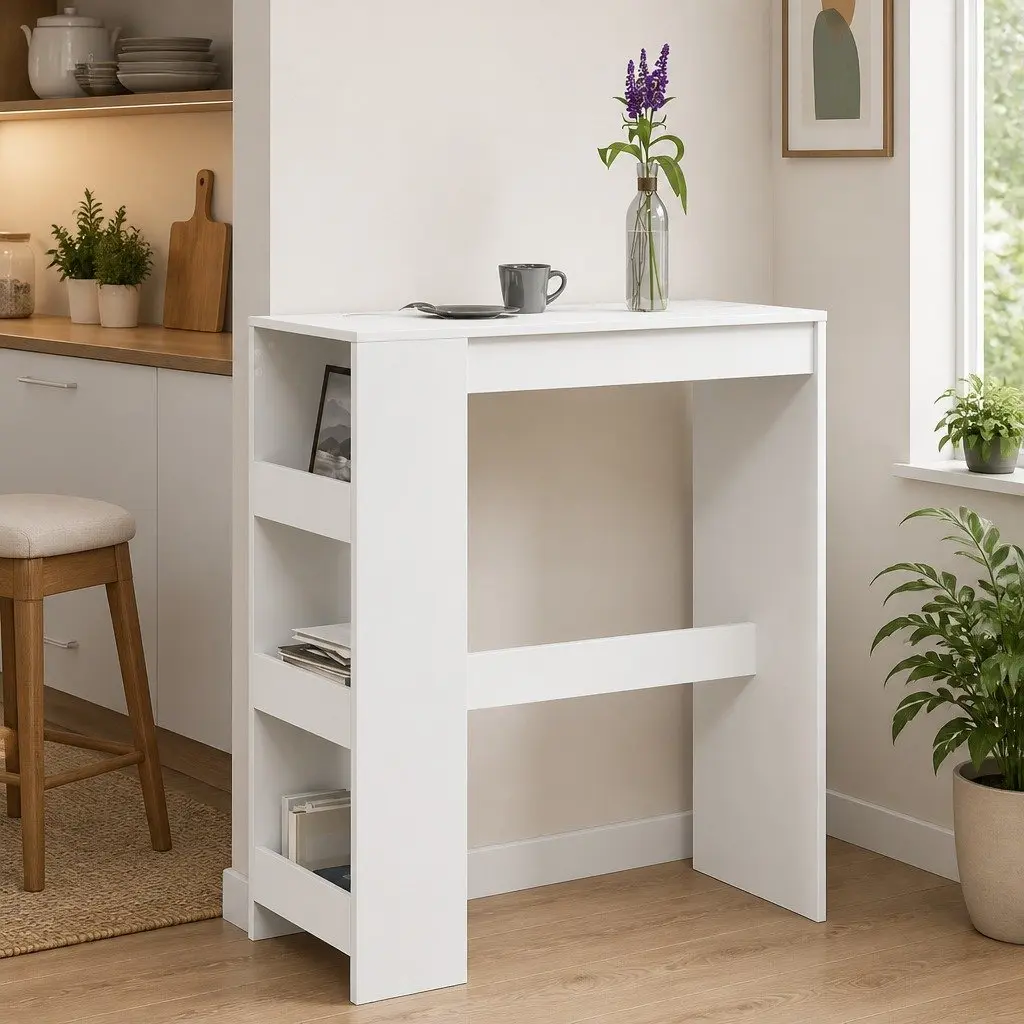 Bar Table White 90L x 40W x 103.5H cm with Storage Shelves for Kitchen Dining