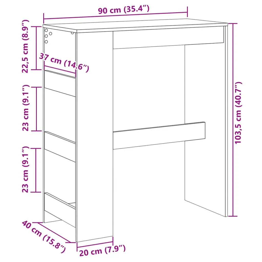 Bar Table White 90L x 40W x 103.5H cm with Storage Shelves for Kitchen Dining