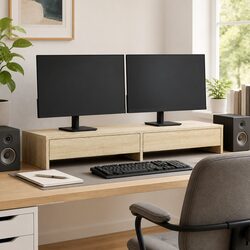 Brown Monitor Stand with Dual Storage Drawers