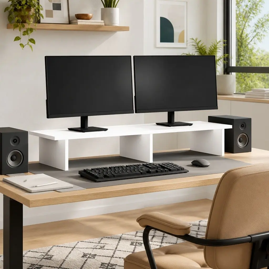 Monitor Stand White Engineered Wood Desk Riser Storage Space