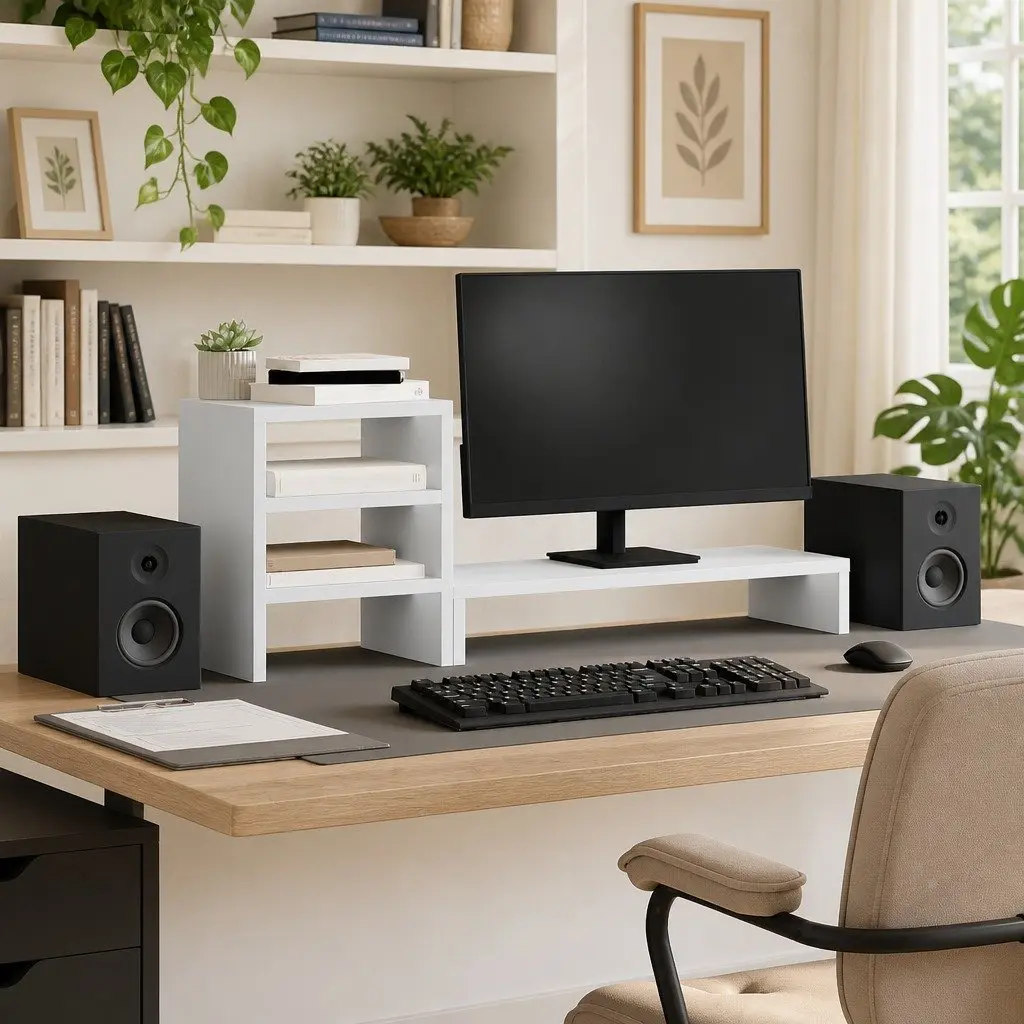 Office Monitor Riser White Engineered Wood with Integrated Desk Organiser for Workspace Storage