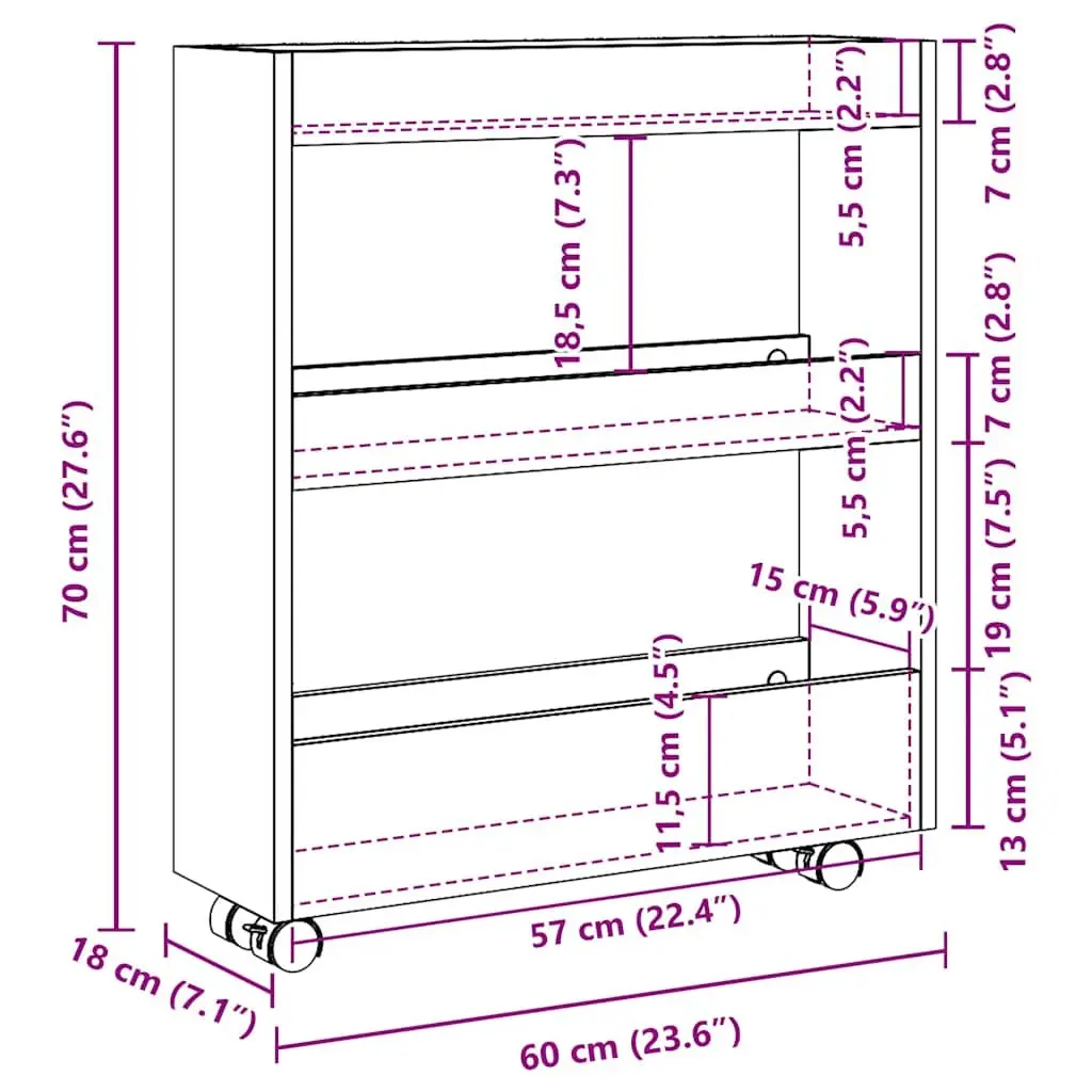 Narrow Storage Trolley White 3 Tier Rolling Kitchen Cart Swivel Wheels