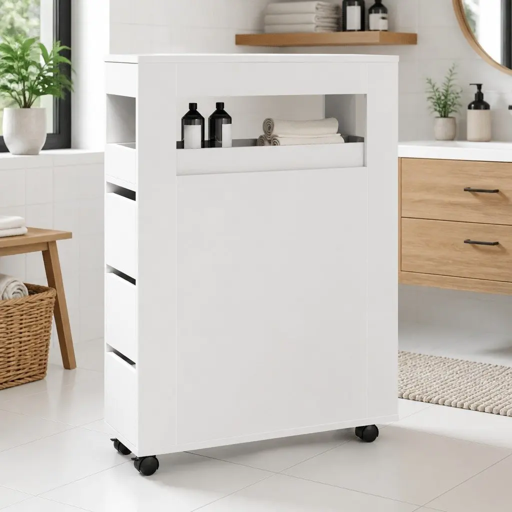 Narrow White Bathroom Cabinet with Wheels Engineered Wood Organizer for Easy Mobility