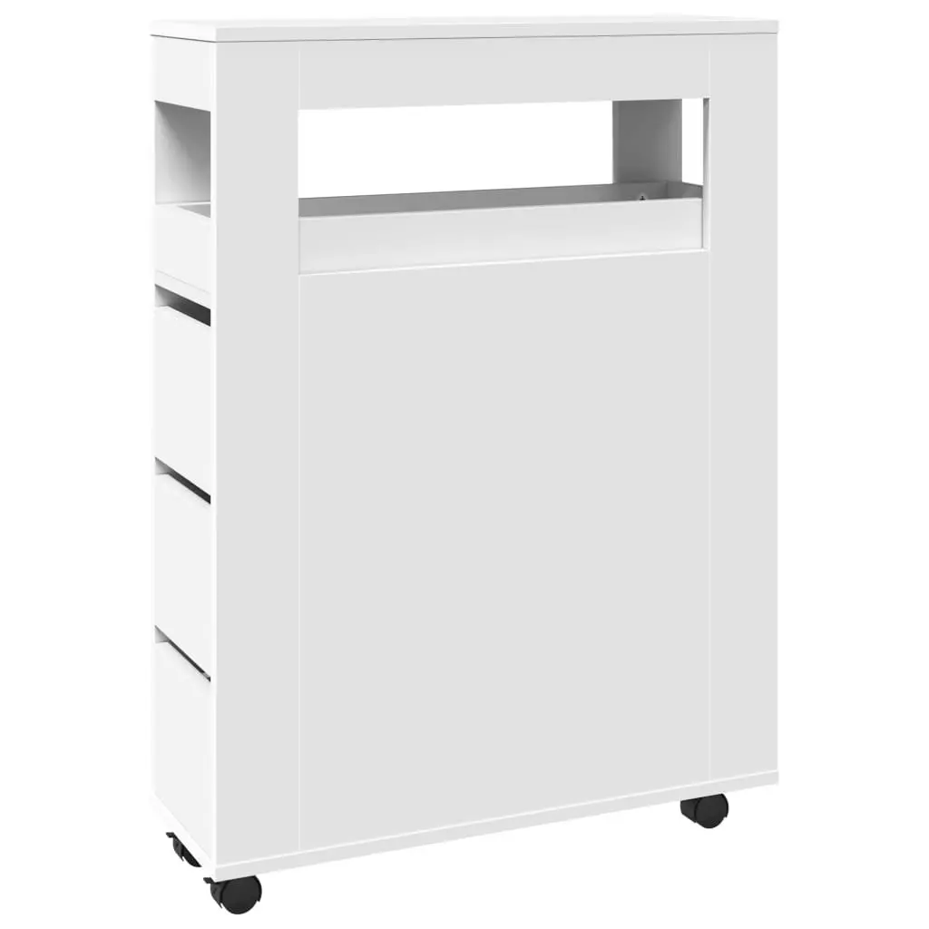 Narrow White Bathroom Cabinet with Wheels Engineered Wood Organizer for Easy Mobility