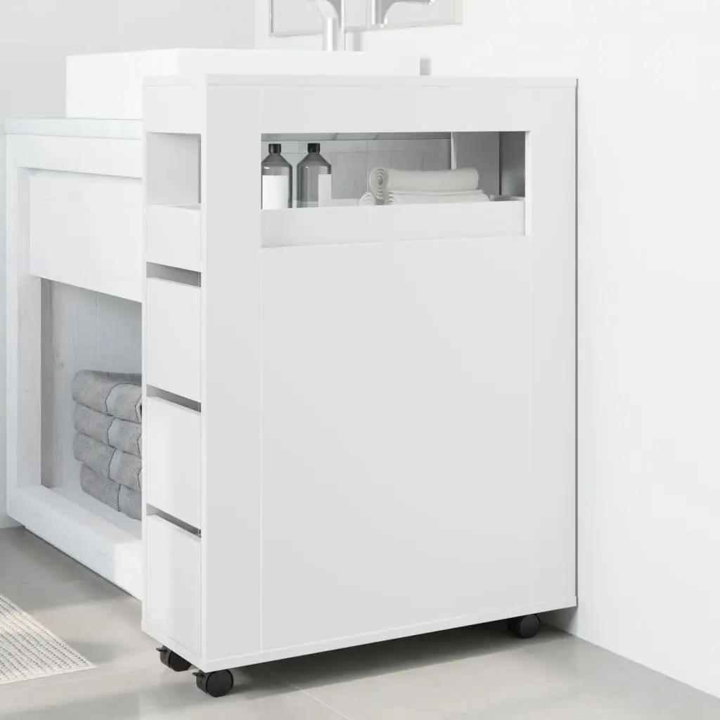 Narrow White Bathroom Cabinet with Wheels Engineered Wood Organizer for Easy Mobility