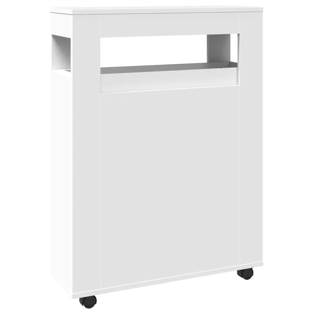 Narrow White Bathroom Cabinet with Wheels Engineered Wood Organizer for Easy Mobility
