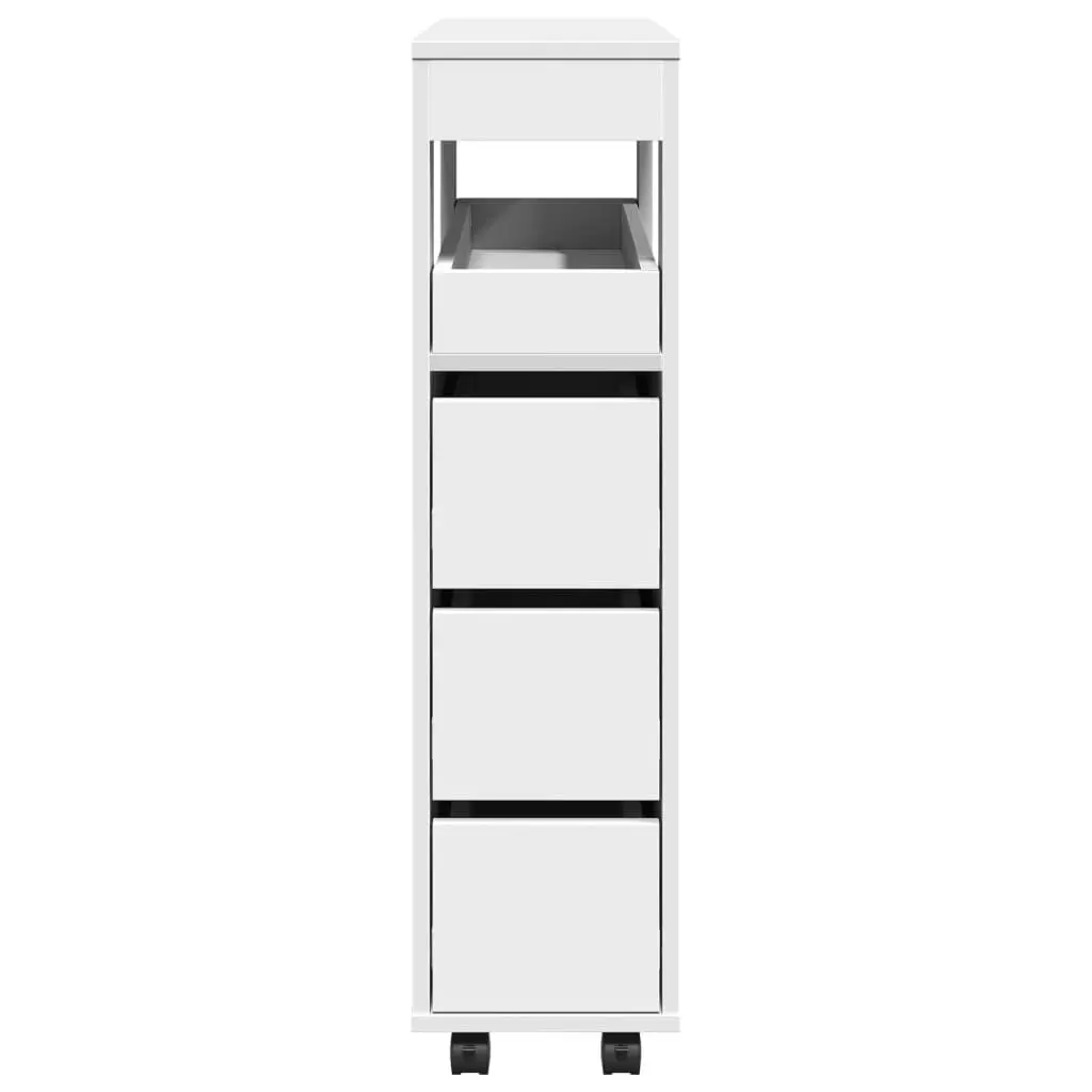 Narrow White Bathroom Cabinet with Wheels Engineered Wood Organizer for Easy Mobility