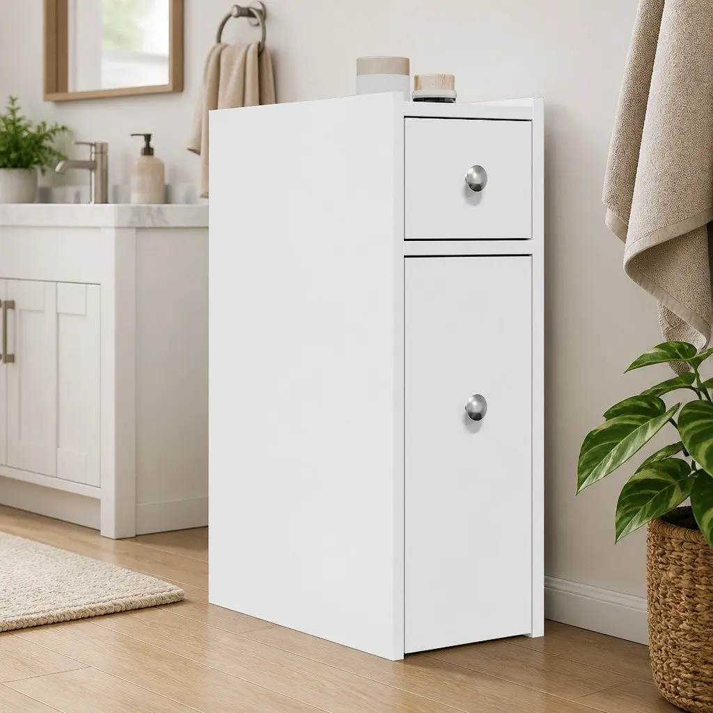 Narrow Bathroom Storage Cabinet White Engineered Wood Tall Cupboard on Wheels