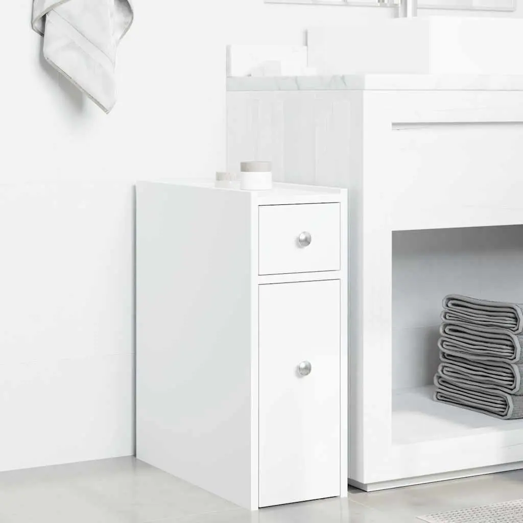 Narrow Bathroom Storage Cabinet White Engineered Wood Tall Cupboard on Wheels