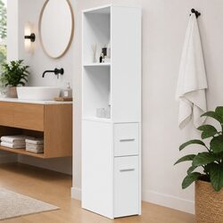 Narrow Bathroom Storage Cabinet with Wheels White Engineered Wood Cupboard