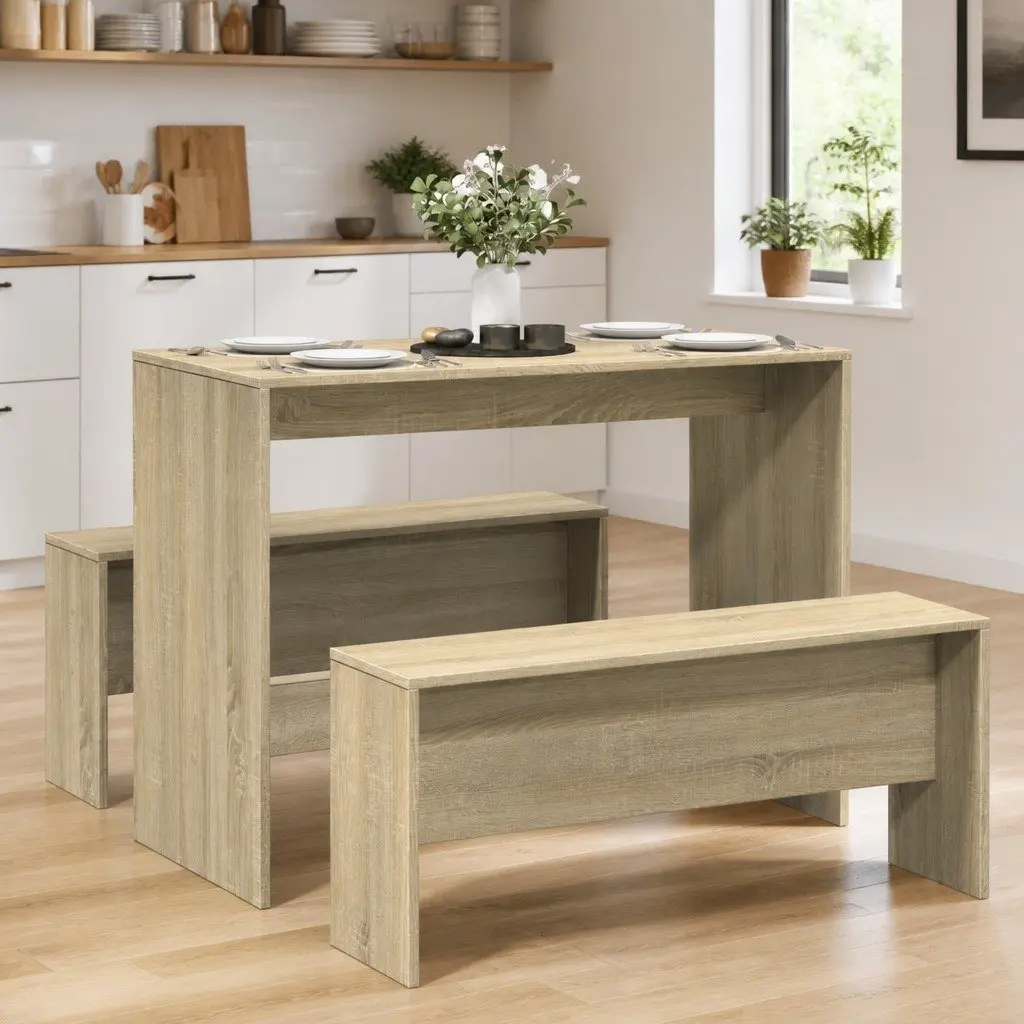 Engineered Wood Dining Set Brown 3 Piece Table and Bench for Family Meals