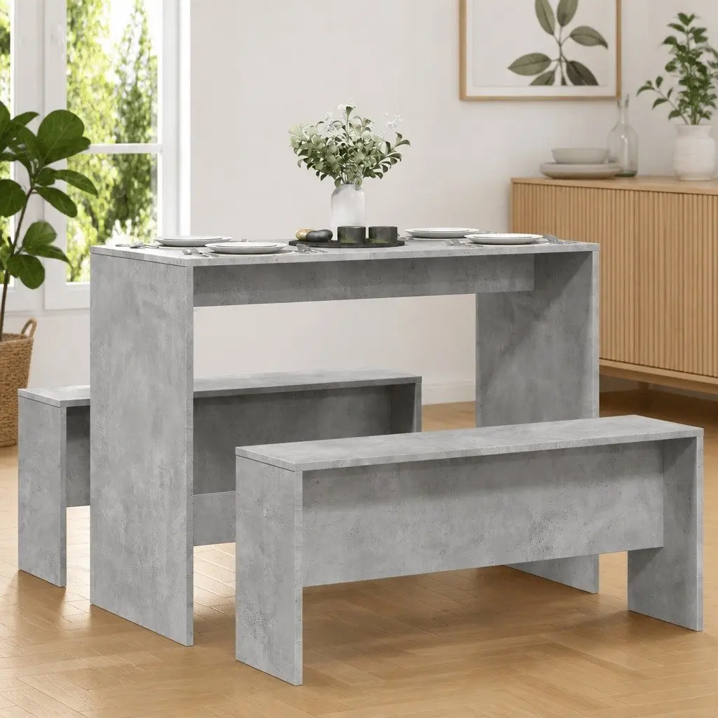 3 Piece Dining Table Bench Set Grey Engineered Wood Sturdy Construction