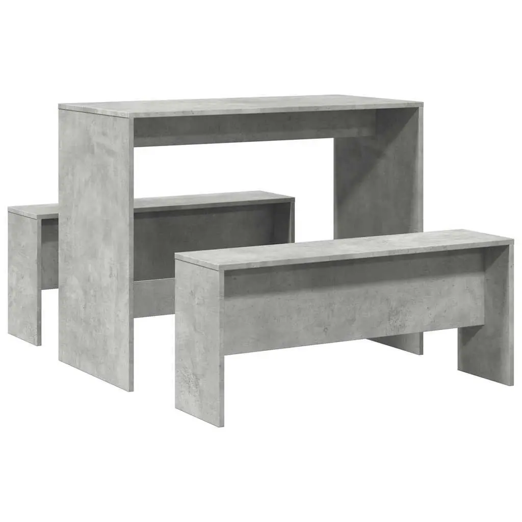 3 Piece Dining Table Bench Set Grey Engineered Wood Sturdy Construction