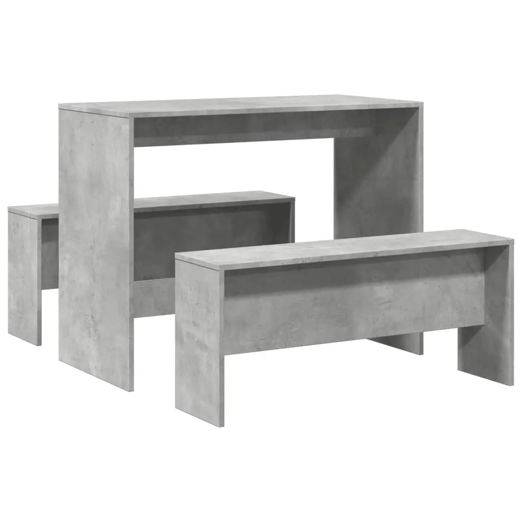 3 Piece Dining Table Bench Set Grey Engineered Wood Sturdy Construction
