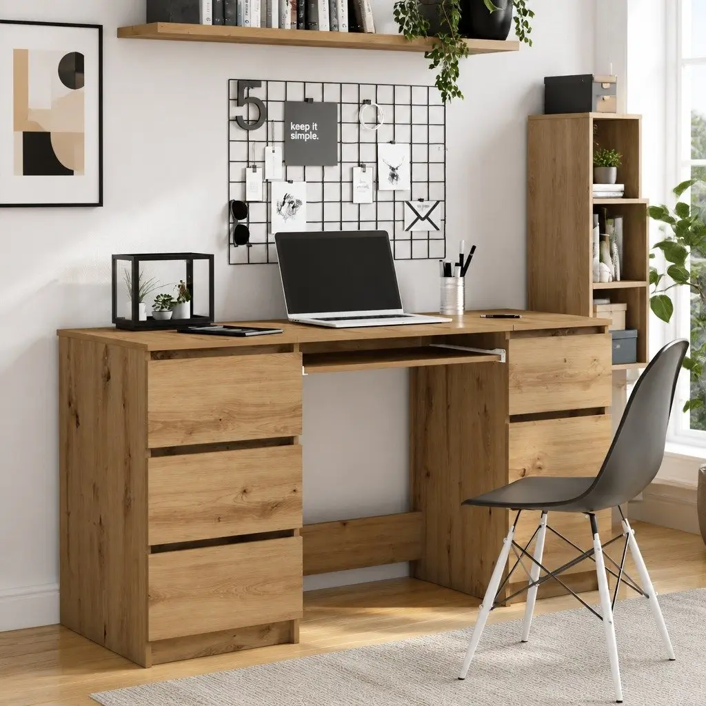 Writing Desk Brown Engineered Wood 6 Drawers Spacious Work Surface