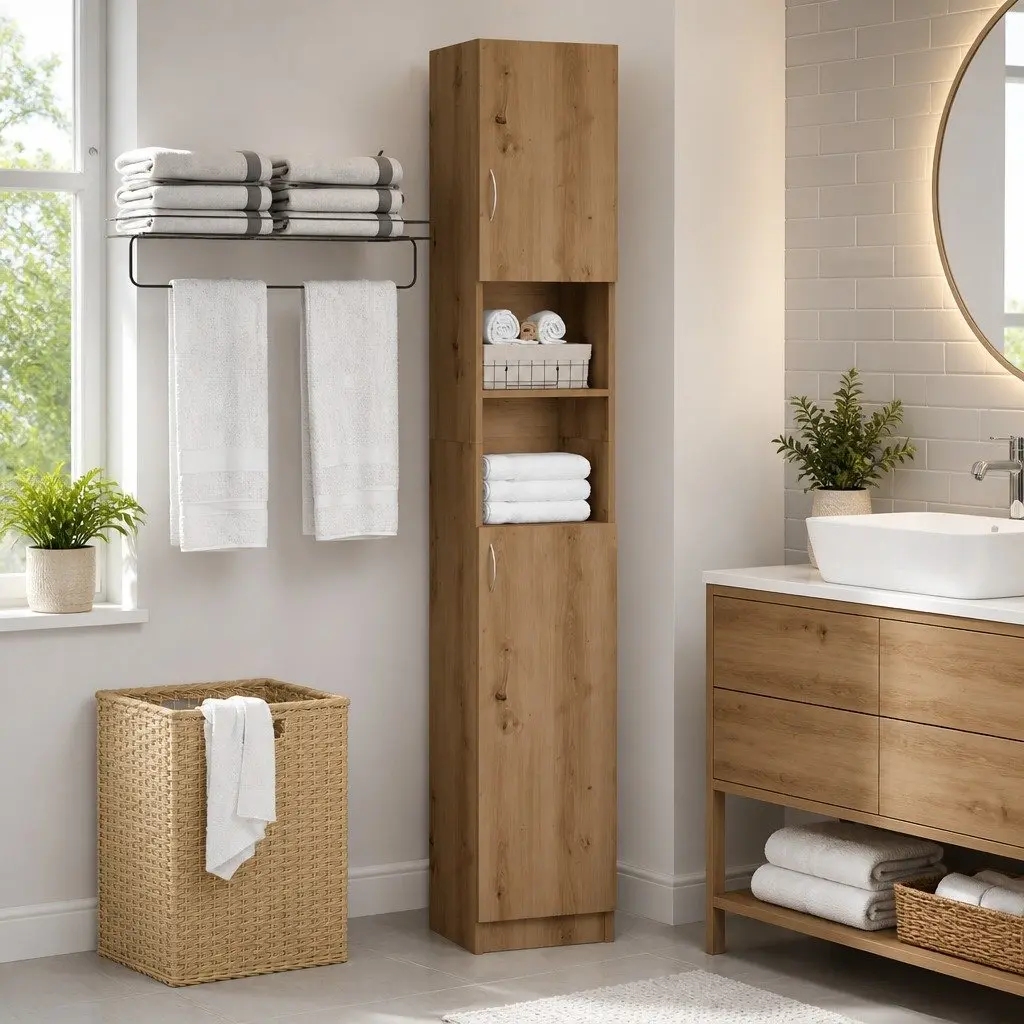 Tall Brown Bathroom Cabinet Engineered Wood Storage Unit Organizer Furniture