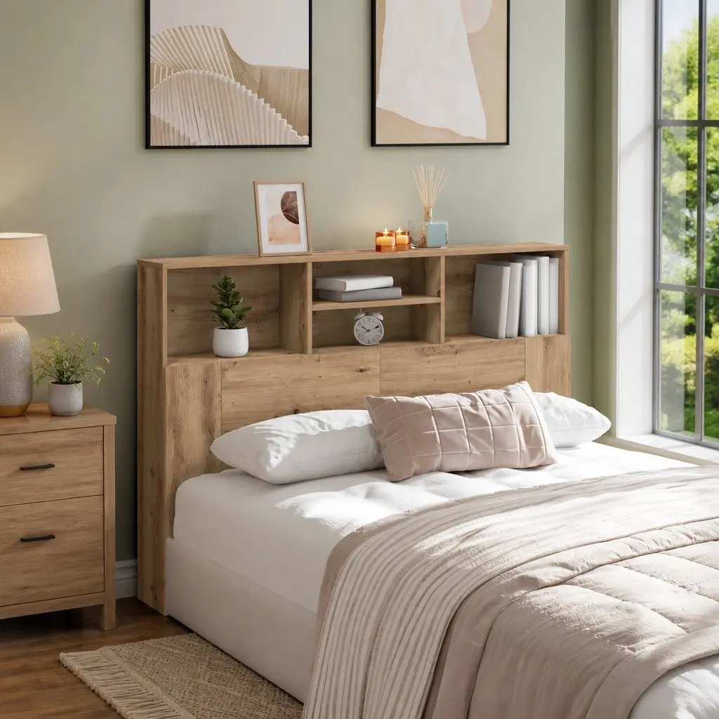 Headboard Cabinet Brown Engineered Wood Bedroom Storage Bookcase Wall Mount