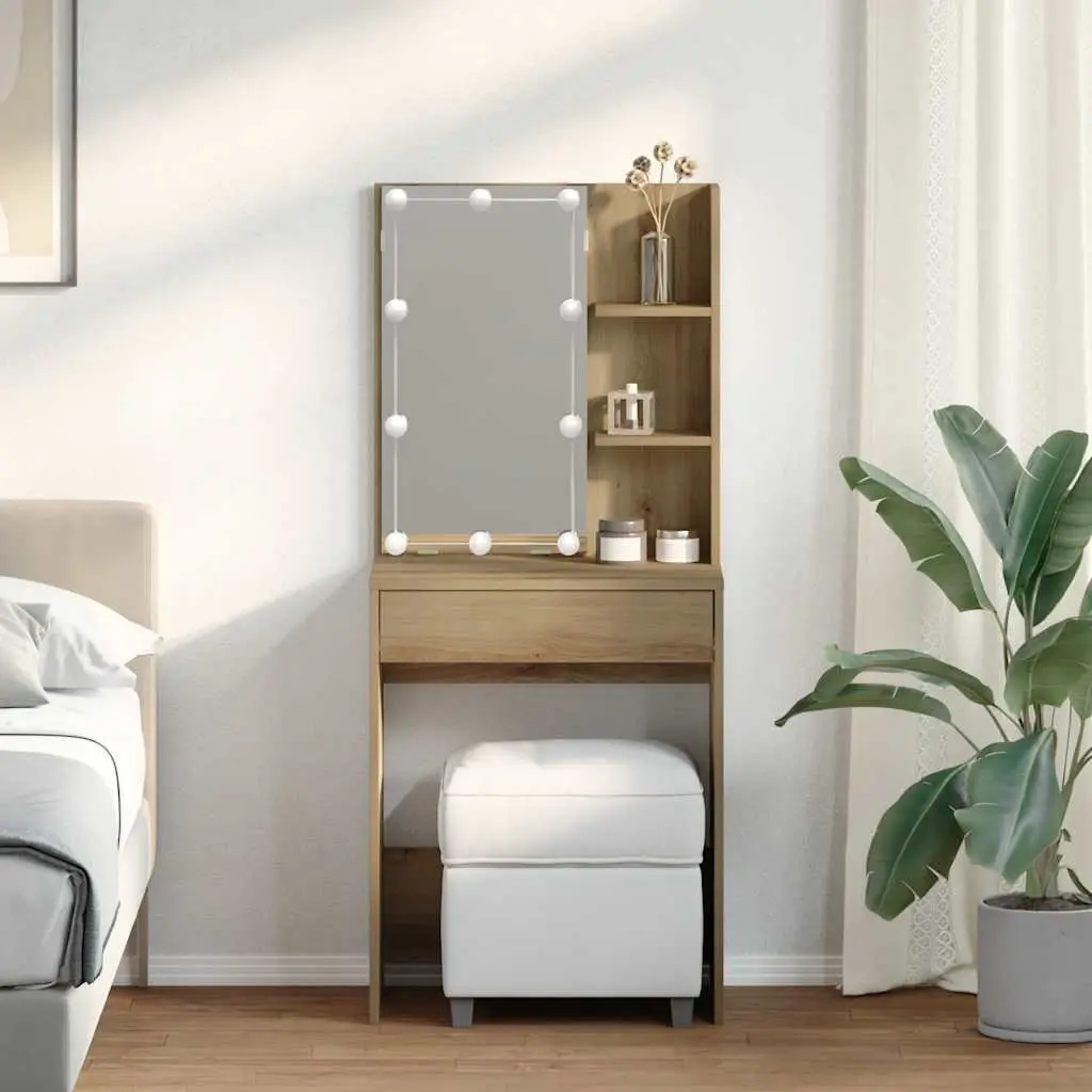 Dressing Table Artisan Oak 60 x 40 x 140 cm RGB LED Lights Open Shelves Drawer Storage Makeup Vanity