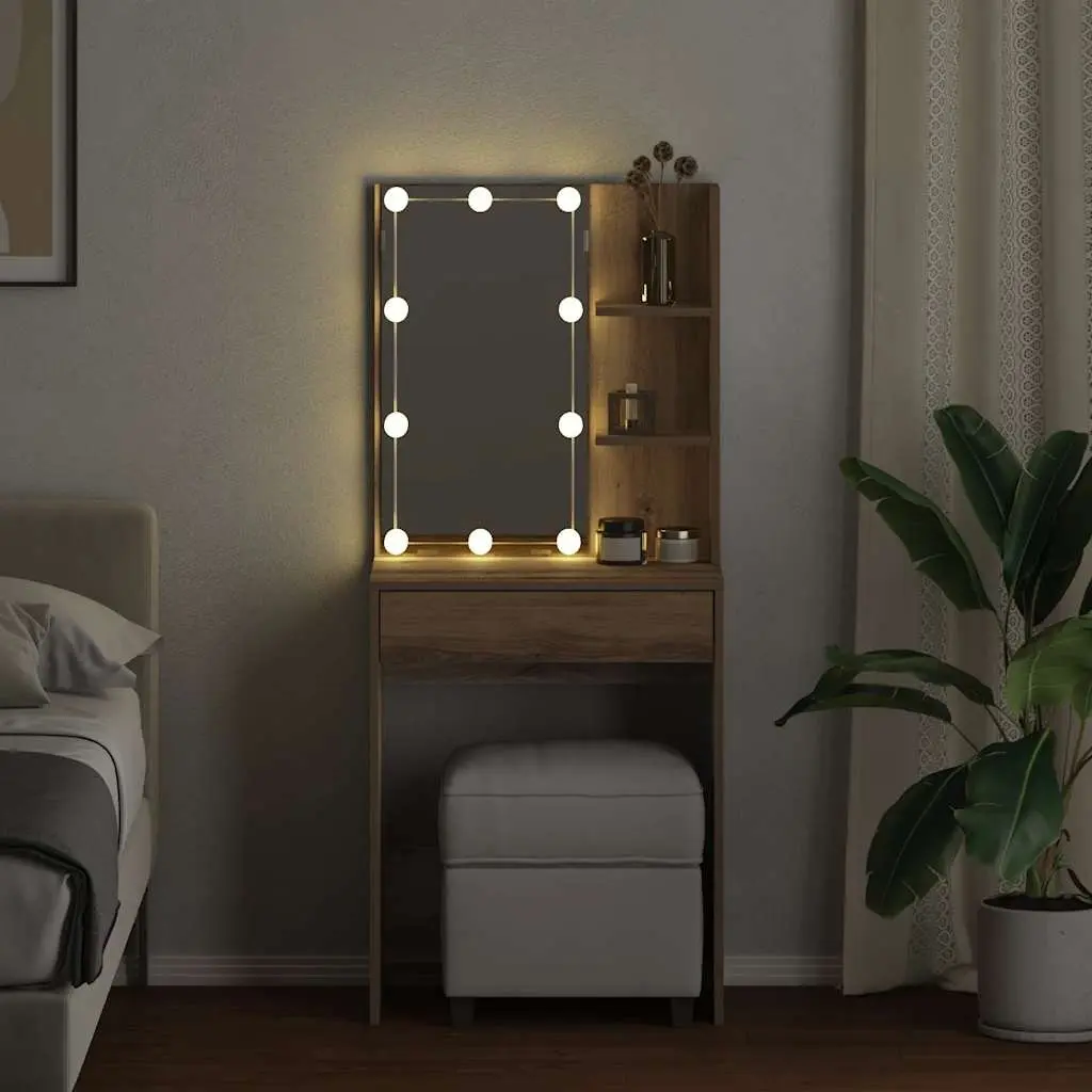 Dressing Table Artisan Oak 60 x 40 x 140 cm RGB LED Lights Open Shelves Drawer Storage Makeup Vanity
