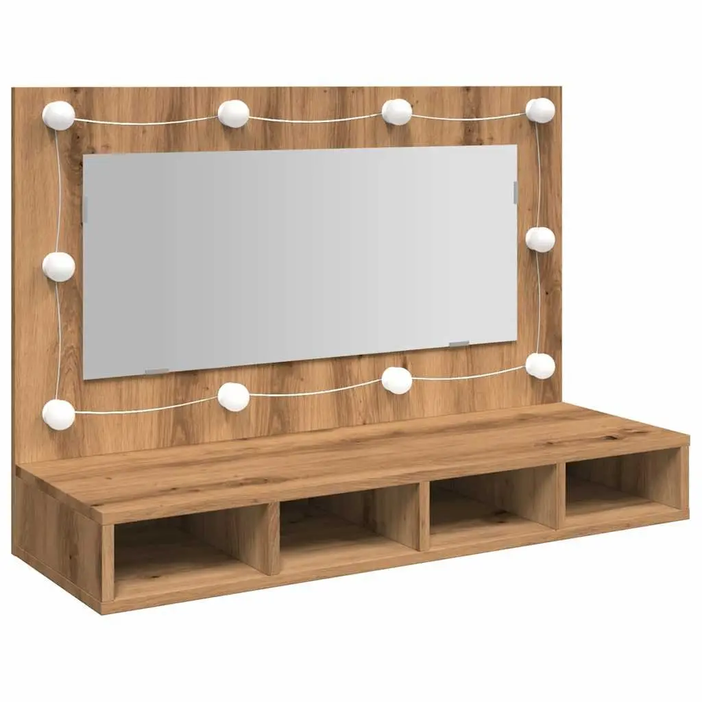 Bathroom Mirror Cabinet LED Brown Engineered Wood Wall Mounted Vanity Storage