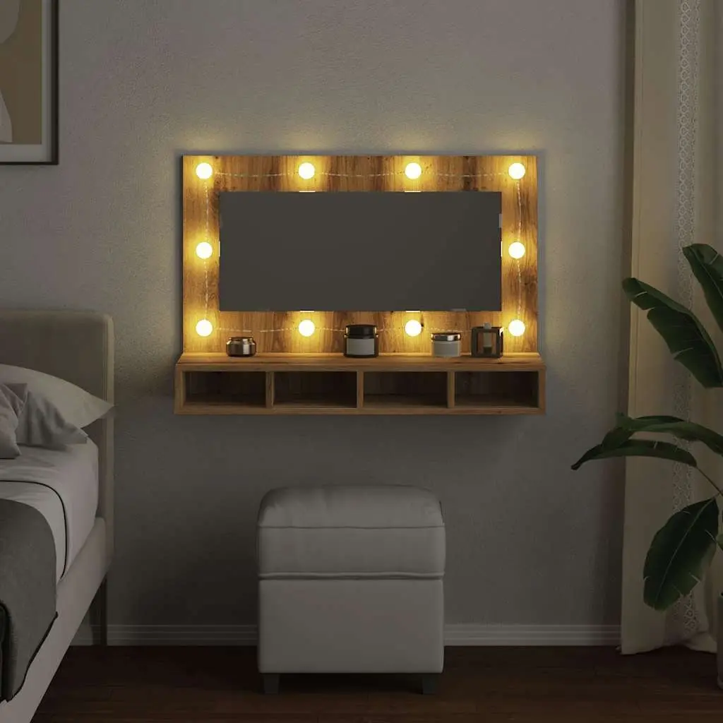 Bathroom Mirror Cabinet LED Brown Engineered Wood Wall Mounted Vanity Storage